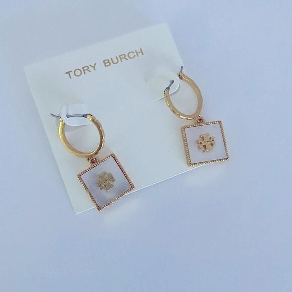 New Tory Burch Gold,Mother Of Pearl Sqaure Earrings - Picture 4 of 5